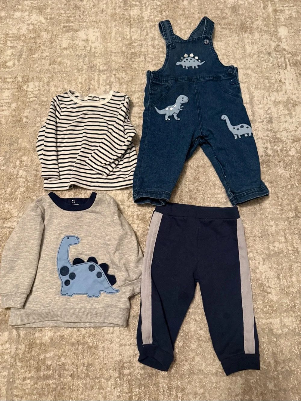 Little Me 4 piece Matching Set Navy Denim Overalls with Light Blue Dinosaur 12M